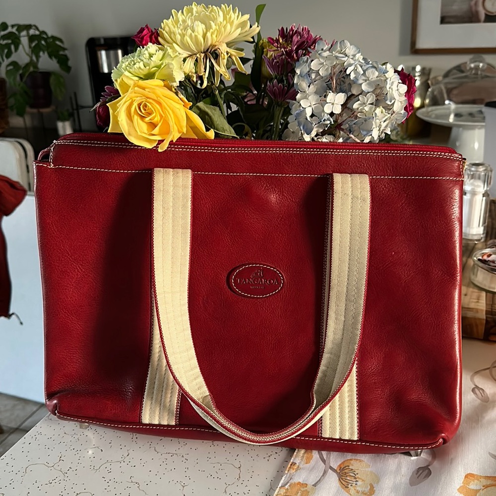 Terrida Tangaroa Italian Leather Bright Red Leather & White Striped Tote